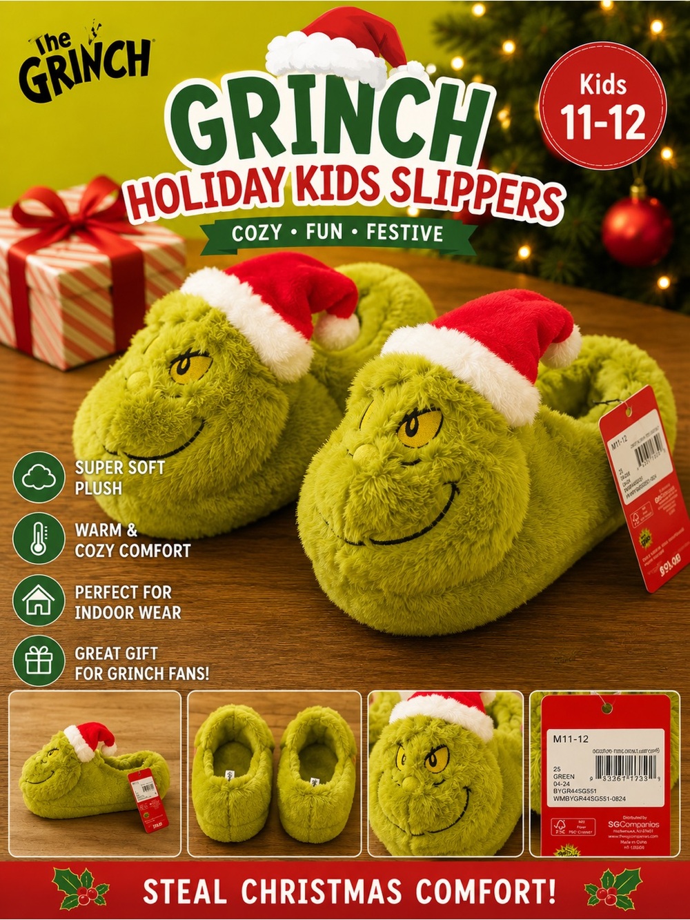 The Grinch Kids Holiday Slippers - Green (Kids 11-12)